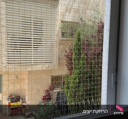 רשת יונים מותקנת על חלון עם נוף חיצוני